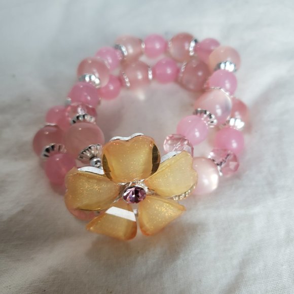 Pink Orange Flower Beaded Double Strand Bracelet Unbranded Elastic Stretchy - Picture 1 of 7
